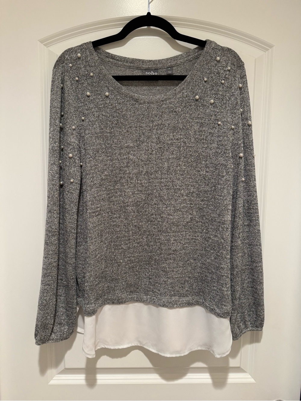 NY&CO Soho Gray Sweater with Pearl Shoulder Embellishments and White Hem